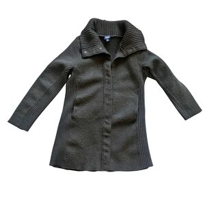 Eileen Fisher Green Boiled Wool Coat High Collar Thigh Length Jacket sz S